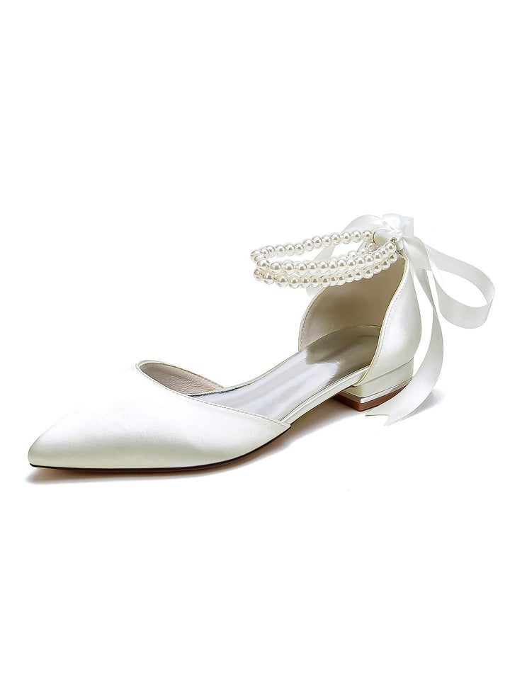 Chaussures de Mariage pour Femmes, Chaussures de Demoiselle D'Honneur à Bout Pointu et à Talon Bas avec Perles