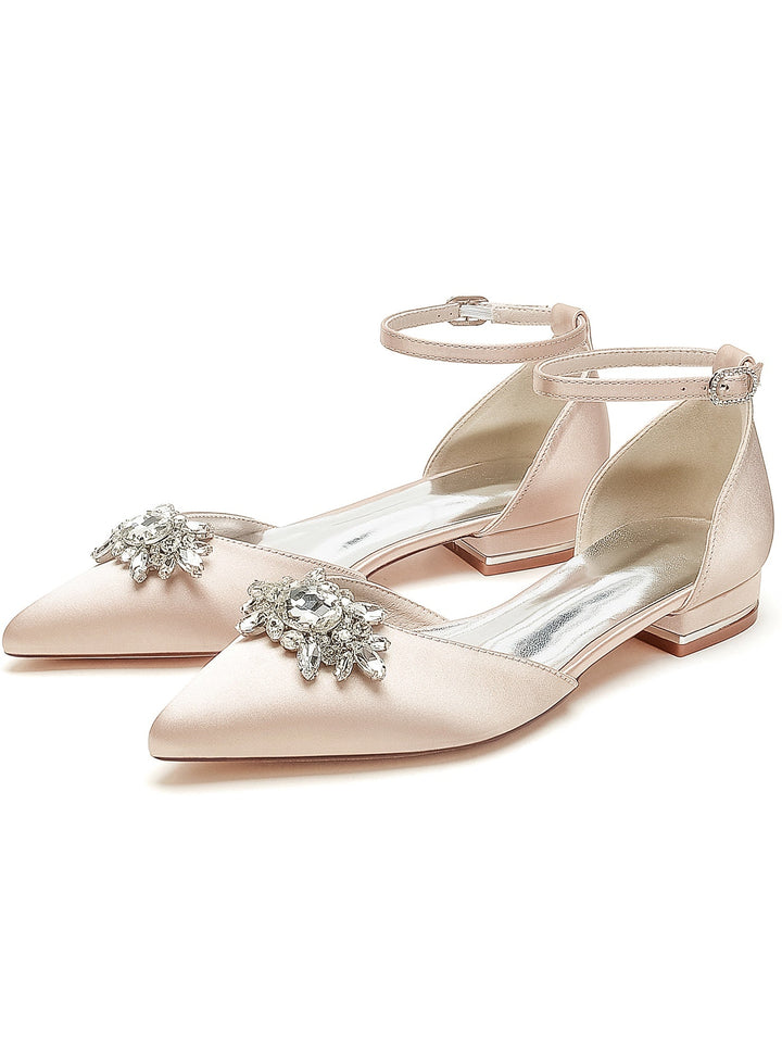 Chaussures de Demoiselle D'Honneur à Talon Bas et Bout Pointu en Strass pour Femmes