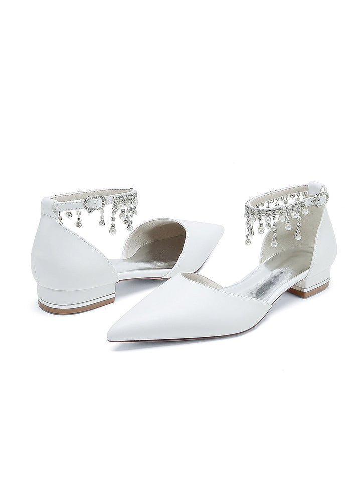 Chaussures de Mariage pour Femmes, Chaussures de Demoiselle D'Honneur à Talons Bas et Bout Pointu avec Strass