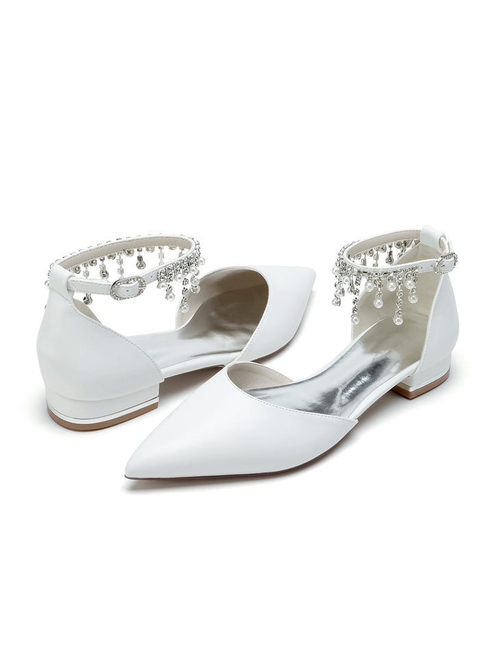 Chaussures de Mariage pour Femmes, Chaussures de Demoiselle D'Honneur à Talons Bas et Bout Pointu avec Strass