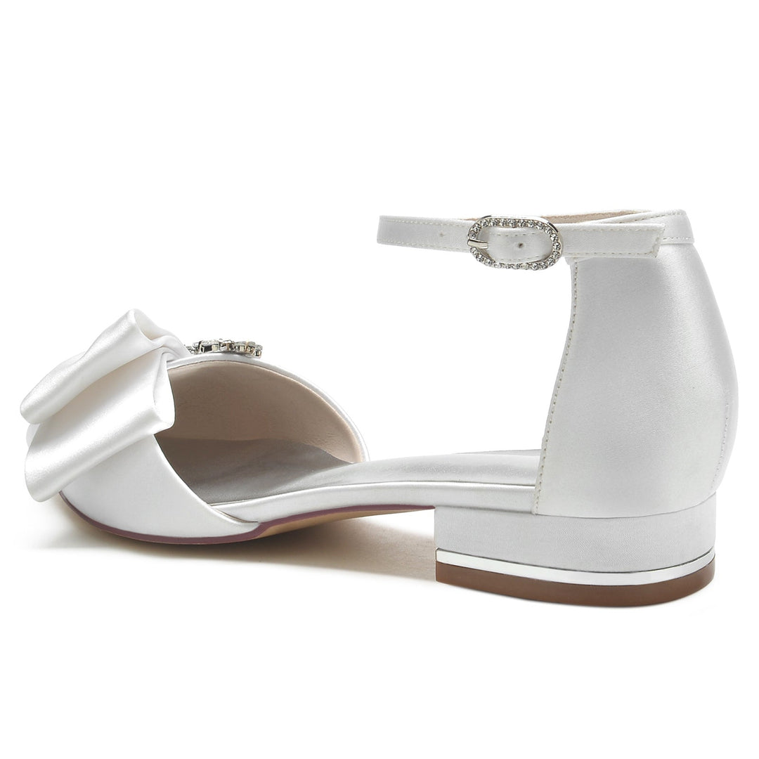 Chaussures de Mariage pour Femmes en Satin de Soie Blanc avec Strass et Nœud à Bout Pointu