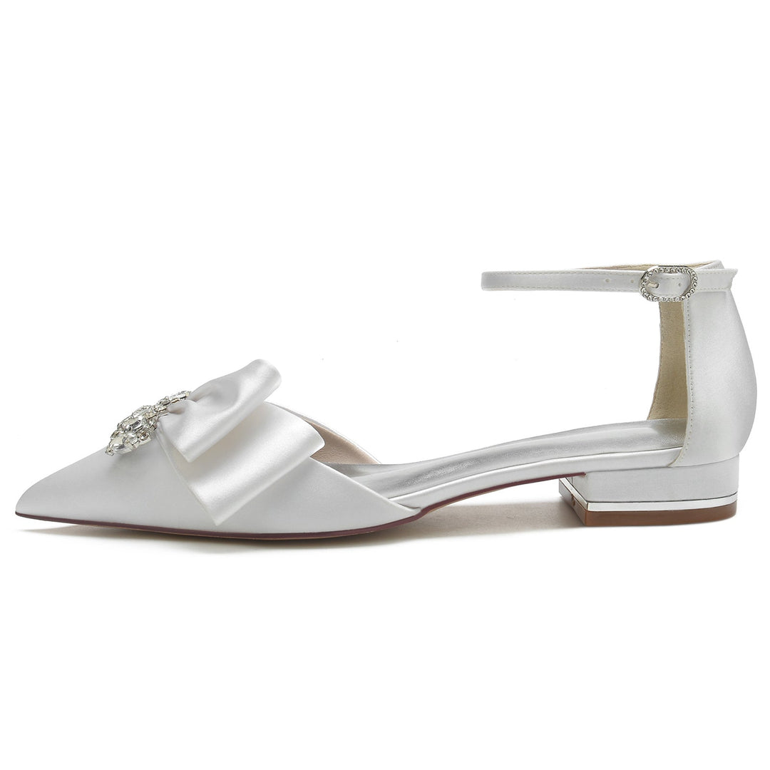 Chaussures de Mariage pour Femmes en Satin de Soie Blanc avec Strass et Nœud à Bout Pointu