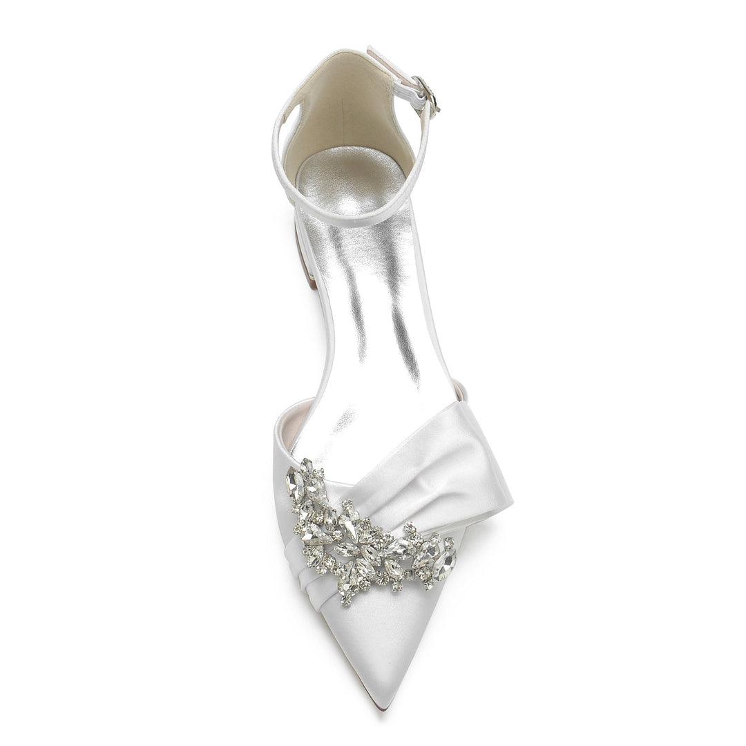 Chaussures de Mariage pour Femmes en Satin de Soie Blanc avec Strass et Nœud à Bout Pointu