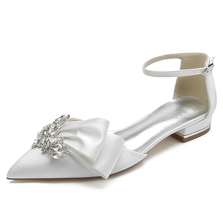 Chaussures de Mariage pour Femmes en Satin de Soie Blanc avec Strass et Nœud à Bout Pointu