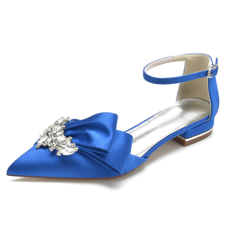Chaussures de Mariage pour Femmes en Satin de Soie Blanc avec Strass et Nœud à Bout Pointu