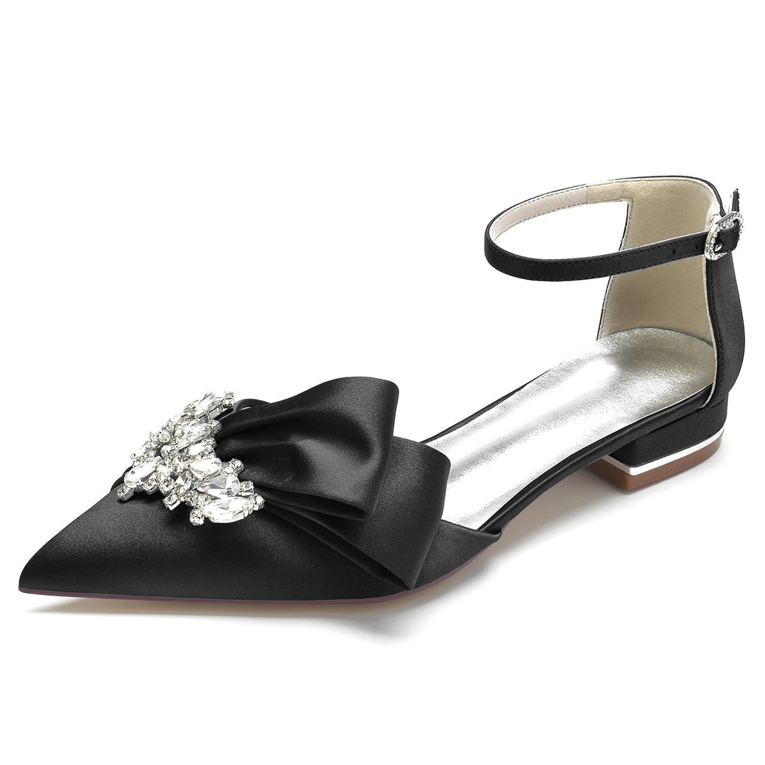 Chaussures de Mariage pour Femmes en Satin de Soie Blanc avec Strass et Nœud à Bout Pointu