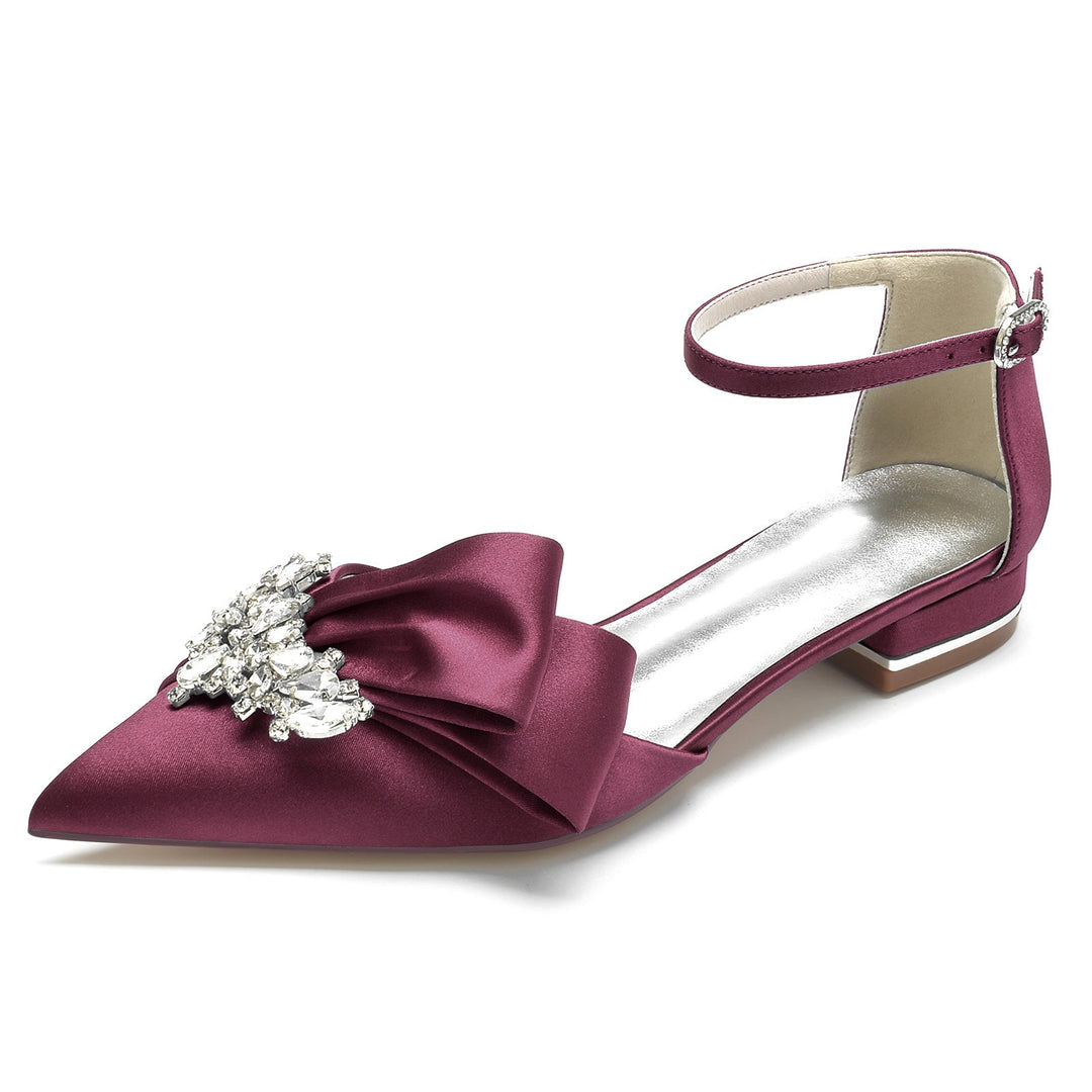 Chaussures de Mariage pour Femmes en Satin de Soie Blanc avec Strass et Nœud à Bout Pointu