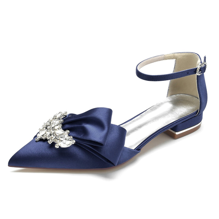 Chaussures de Mariage pour Femmes en Satin de Soie Blanc avec Strass et Nœud à Bout Pointu