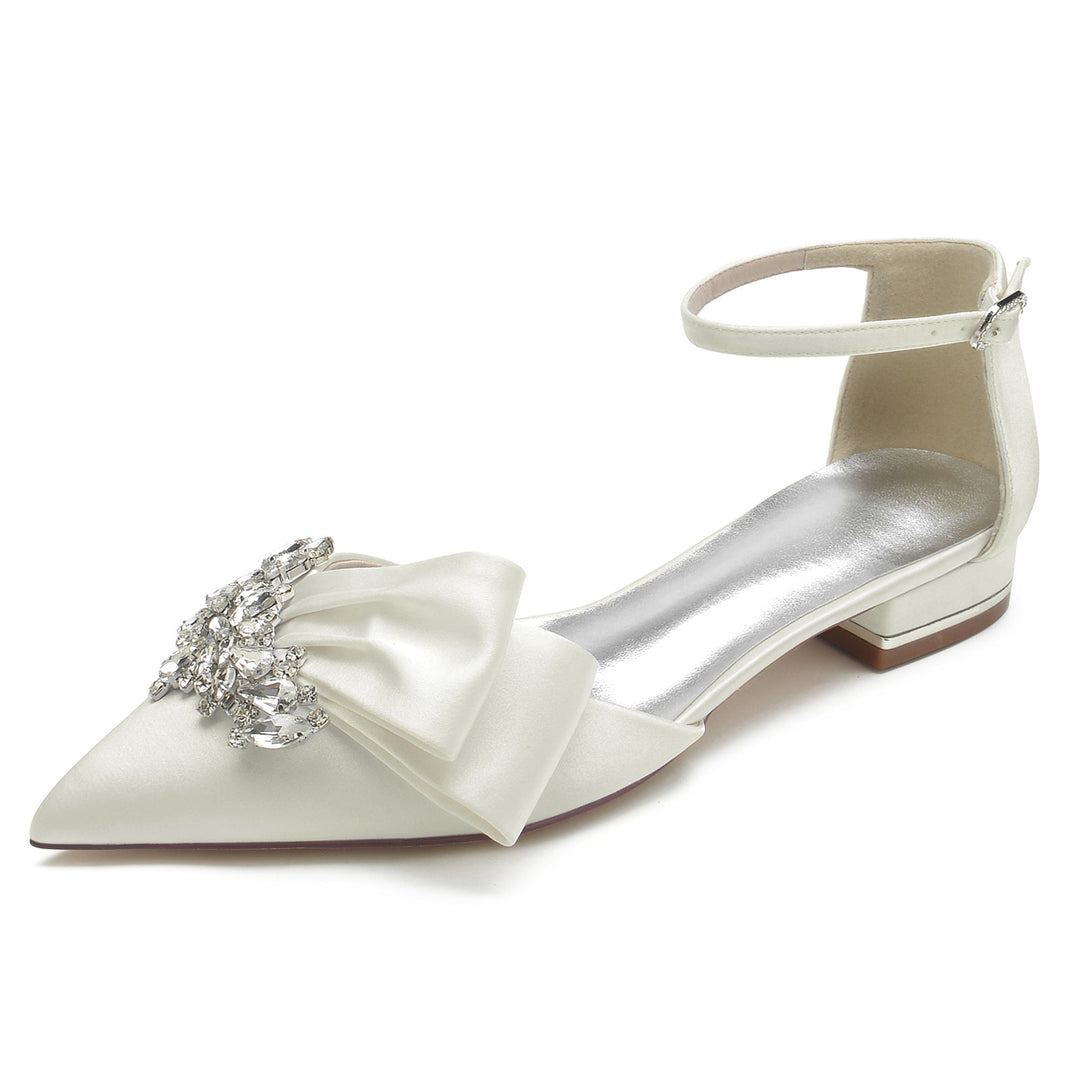 Chaussures de Mariage pour Femmes en Satin de Soie Blanc avec Strass et Nœud à Bout Pointu