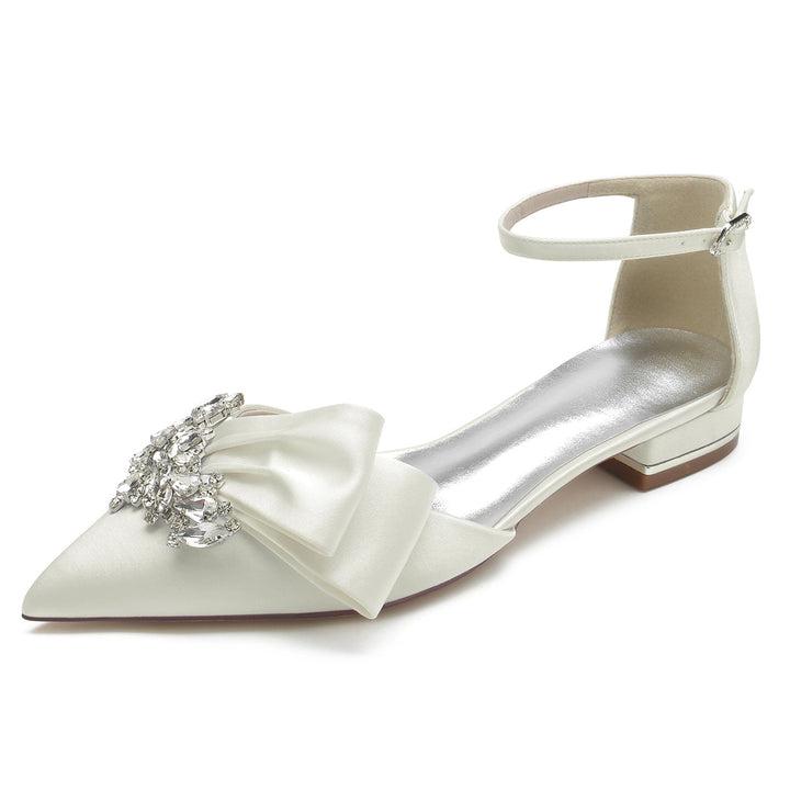 Chaussures de Mariage pour Femmes en Satin de Soie Blanc avec Strass et Nœud à Bout Pointu