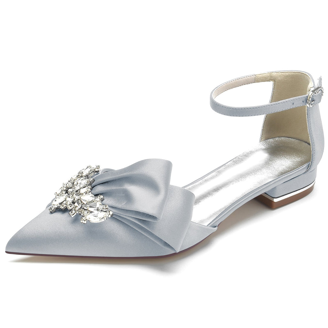 Chaussures de Mariage pour Femmes en Satin de Soie Blanc avec Strass et Nœud à Bout Pointu