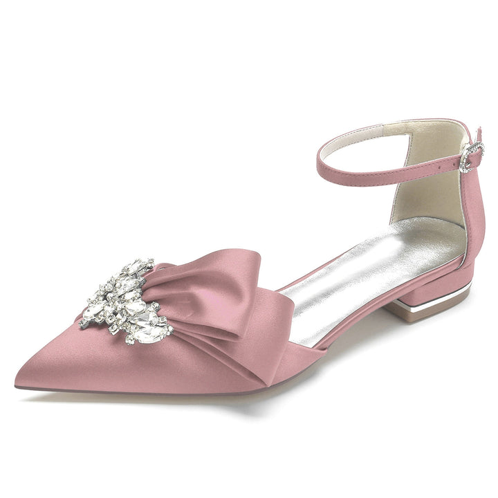 Chaussures de Mariage pour Femmes en Satin de Soie Blanc avec Strass et Nœud à Bout Pointu