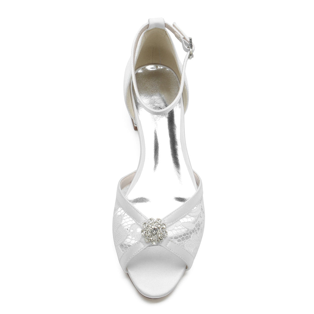 Chaussures de Mariage pour Femmes en Satin de Soie avec Dentelle et Strass, Chaussures de Mariée à Bout Ouvert et Boucle