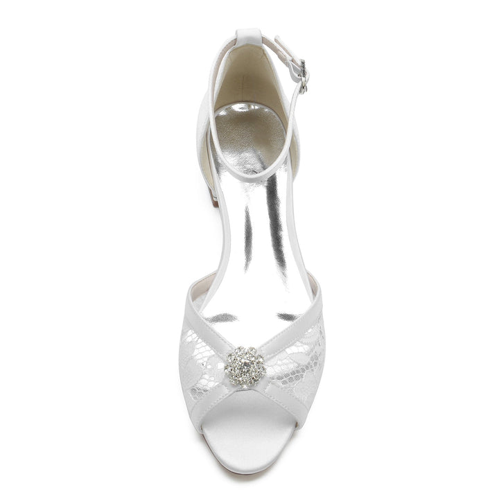 Chaussures de Mariage pour Femmes en Satin de Soie avec Dentelle et Strass, Chaussures de Mariée à Bout Ouvert et Boucle