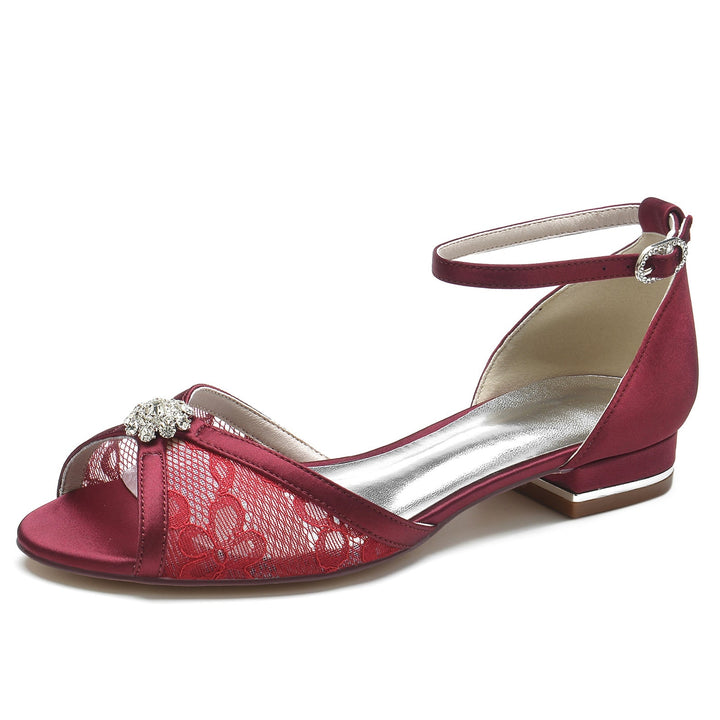Chaussures de Mariage pour Femmes en Satin de Soie avec Dentelle et Strass, Chaussures de Mariée à Bout Ouvert et Boucle