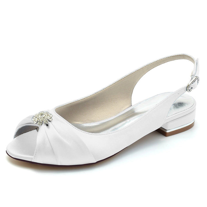 Chaussures de Mariage pour Femmes en Satin de Soie avec Fleur en Cristal et Boucle à Bout Ouvert