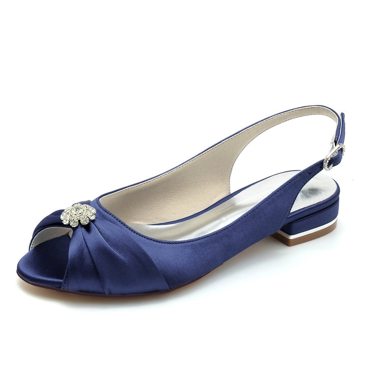 Chaussures de Mariage pour Femmes en Satin de Soie avec Fleur en Cristal et Boucle à Bout Ouvert