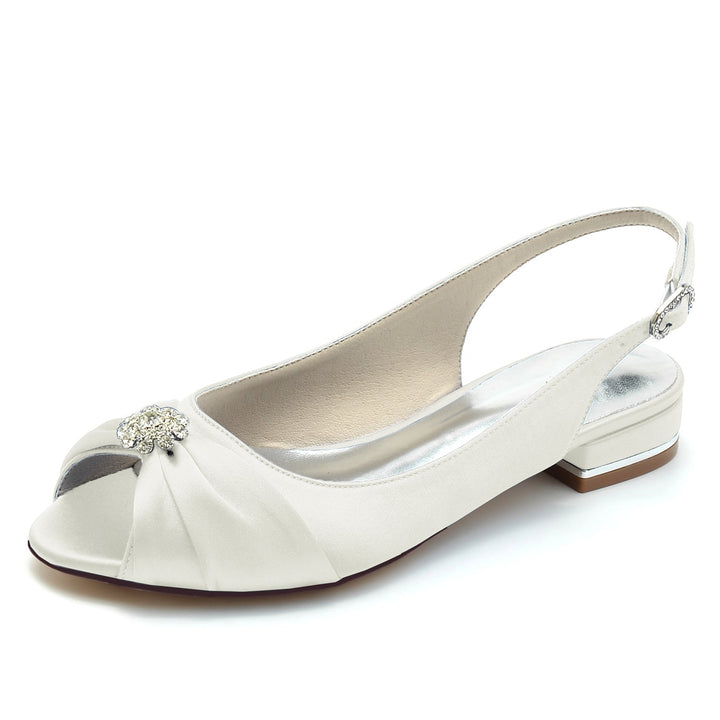 Chaussures de Mariage pour Femmes en Satin de Soie avec Fleur en Cristal et Boucle à Bout Ouvert