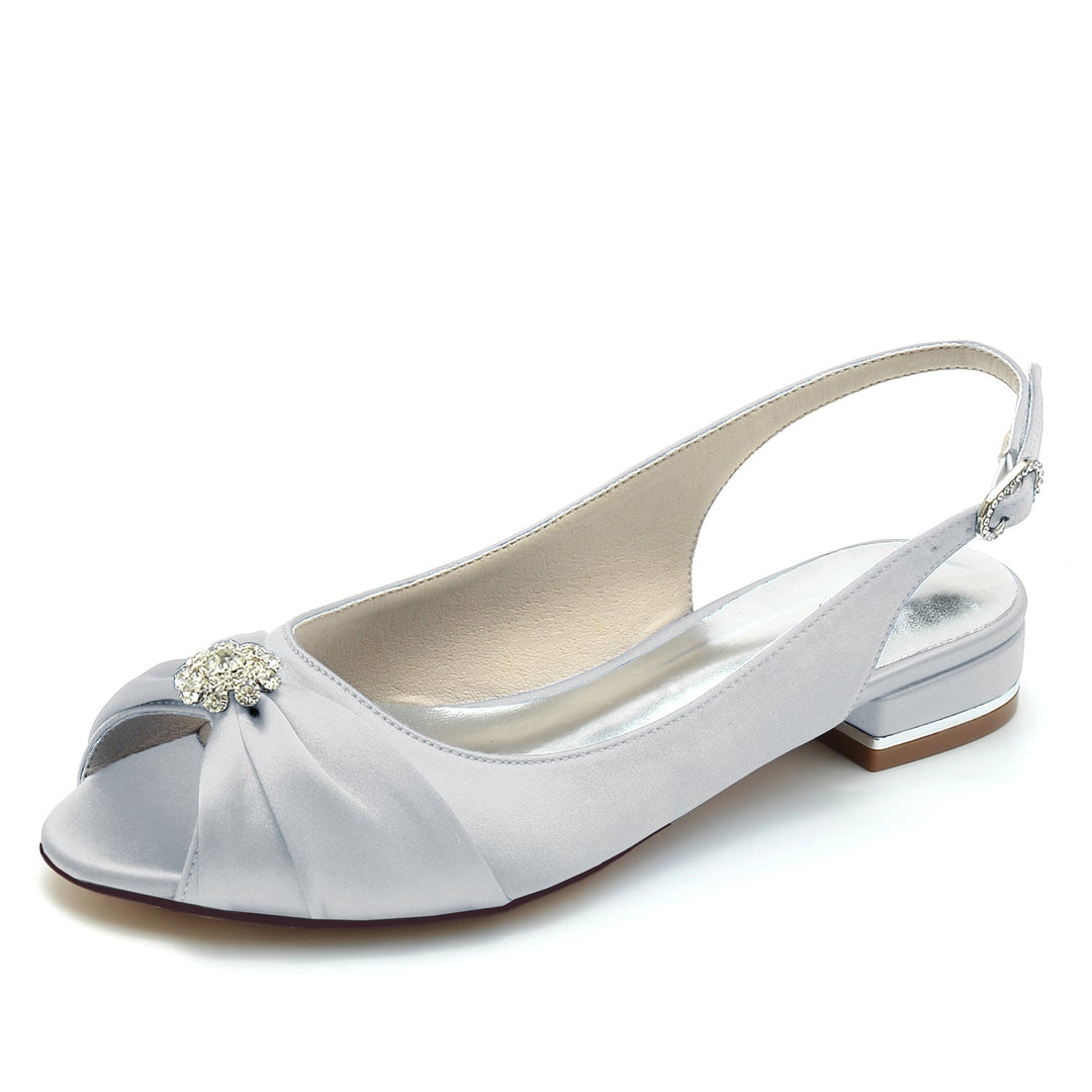Chaussures de Mariage pour Femmes en Satin de Soie avec Fleur en Cristal et Boucle à Bout Ouvert