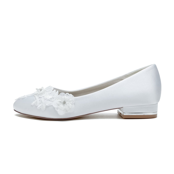 Chaussures de Mariage pour Femmes Applique Fleur Talon Bas Bout Fermé Chaussures de Mariée