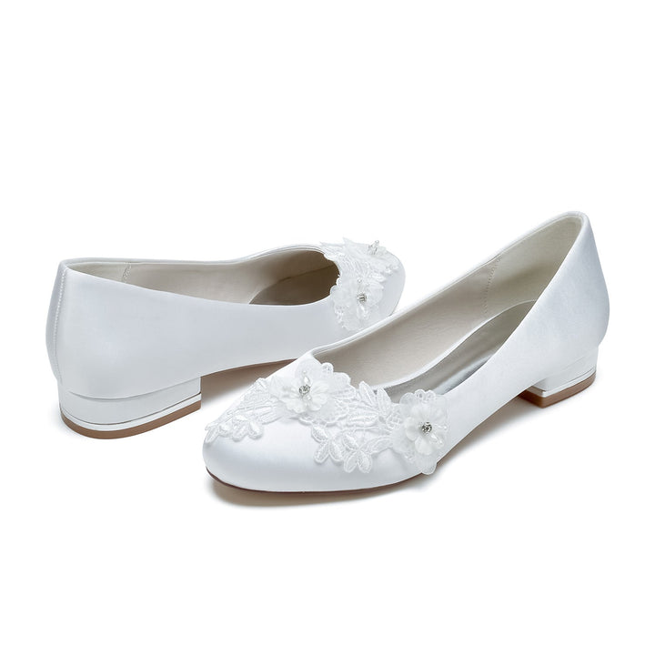 Chaussures de Mariage pour Femmes Applique Fleur Talon Bas Bout Fermé Chaussures de Mariée