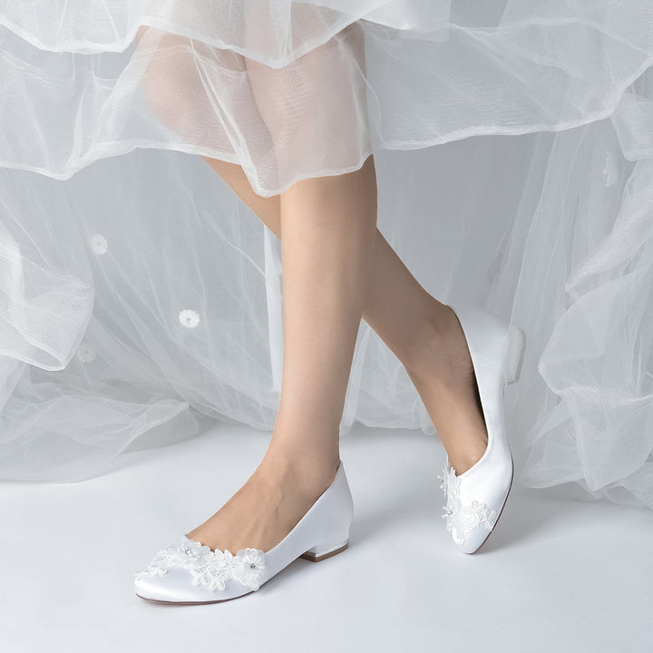 Chaussures de Mariage pour Femmes Applique Fleur Talon Bas Bout Fermé Chaussures de Mariée