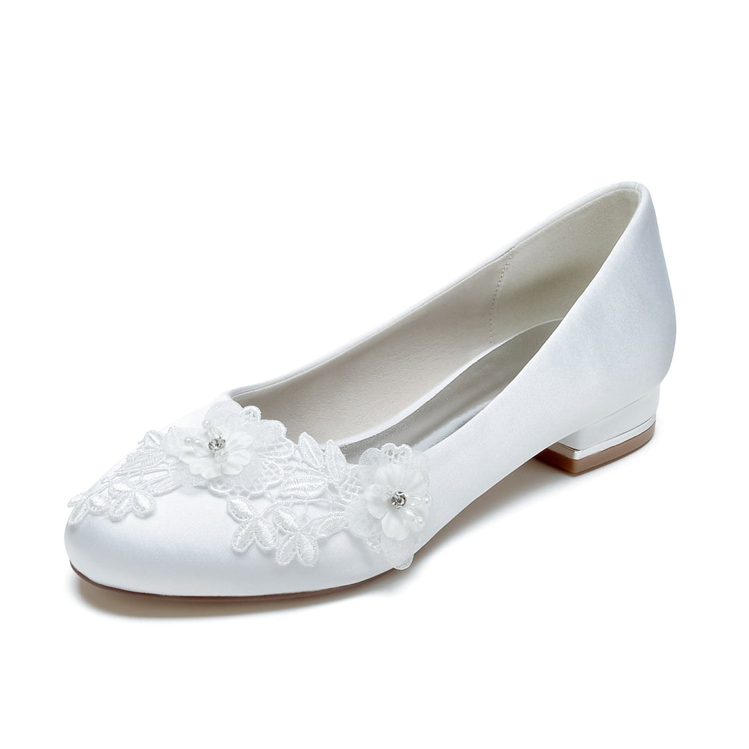 Chaussures de Mariage pour Femmes Applique Fleur Talon Bas Bout Fermé Chaussures de Mariée