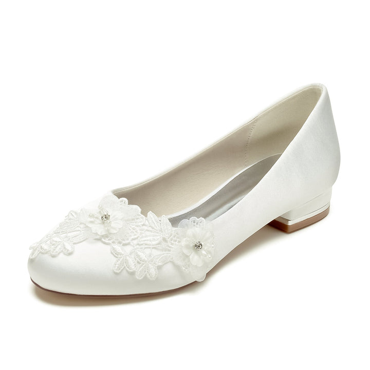 Chaussures de Mariage pour Femmes Applique Fleur Talon Bas Bout Fermé Chaussures de Mariée