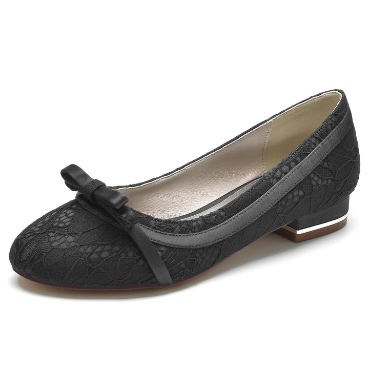 Chaussures de Mariage pour Femmes en Satin de Soie avec Nœud en Dentelle et Talon Bas et Bout Fermé