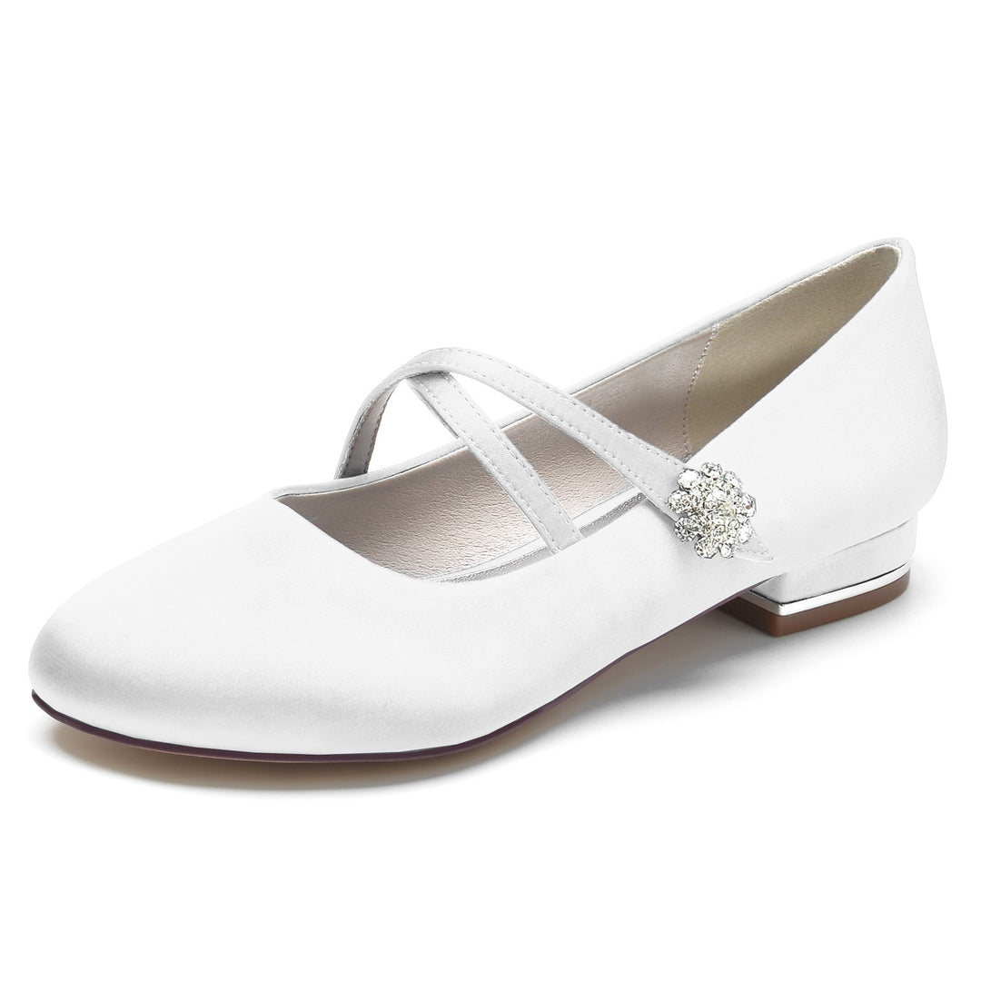 Chaussures de Mariage pour Femmes en Satin de Soie Strass Bout Fermé Bas Boucle Mary Jane Chaussures de Mariée