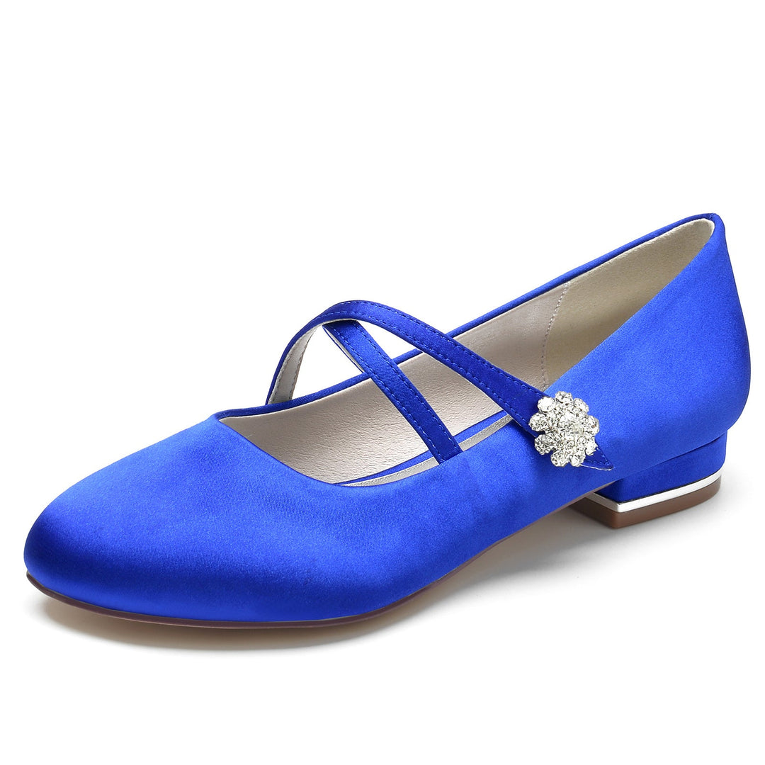 Chaussures de Mariage pour Femmes en Satin de Soie Strass Bout Fermé Bas Boucle Mary Jane Chaussures de Mariée