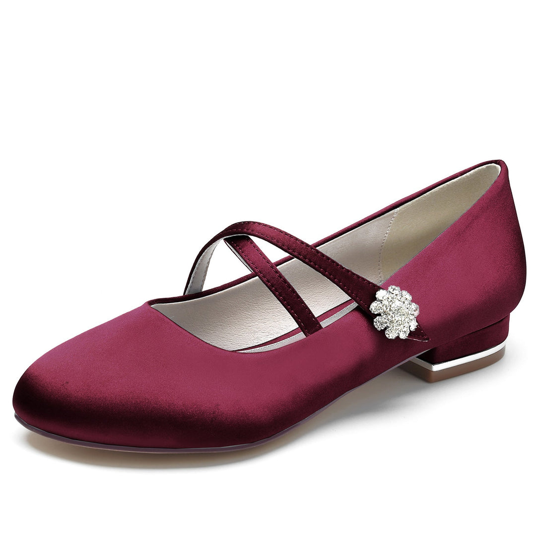 Chaussures de Mariage pour Femmes en Satin de Soie Strass Bout Fermé Bas Boucle Mary Jane Chaussures de Mariée