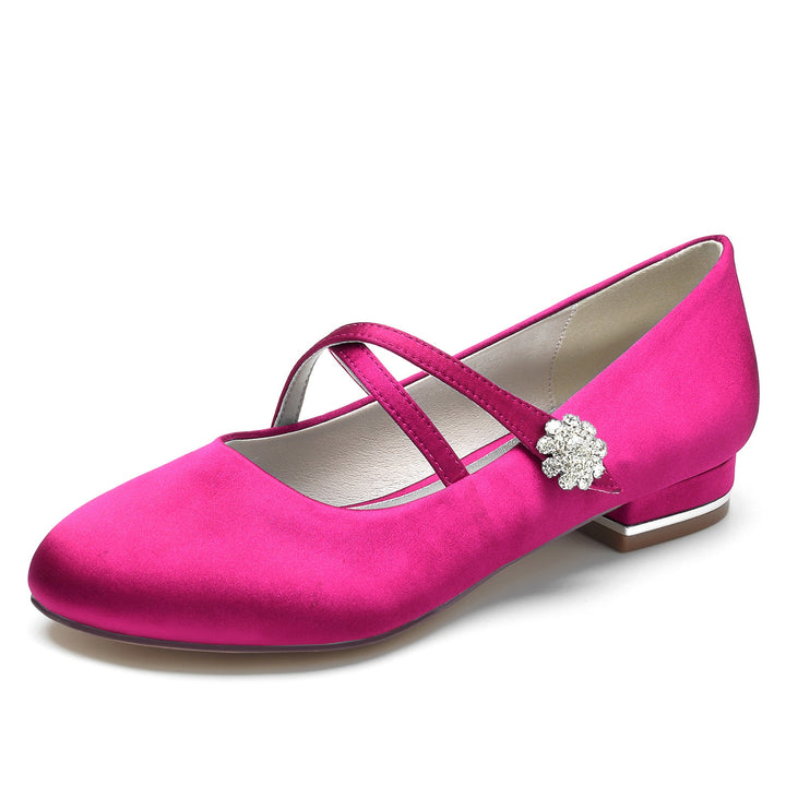 Chaussures de Mariage pour Femmes en Satin de Soie Strass Bout Fermé Bas Boucle Mary Jane Chaussures de Mariée
