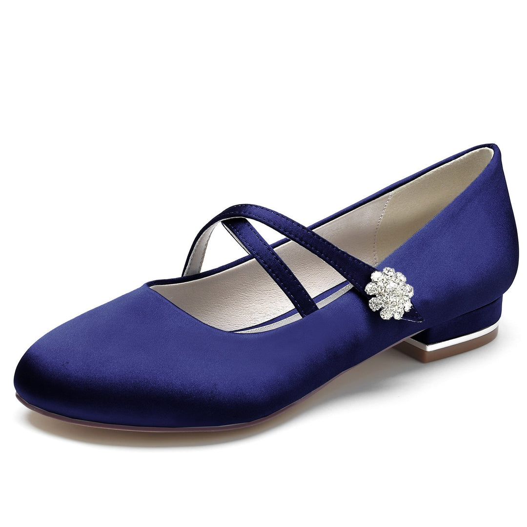 Chaussures de Mariage pour Femmes en Satin de Soie Strass Bout Fermé Bas Boucle Mary Jane Chaussures de Mariée