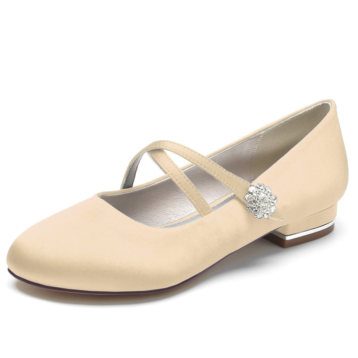 Chaussures de Mariage pour Femmes en Satin de Soie Strass Bout Fermé Bas Boucle Mary Jane Chaussures de Mariée
