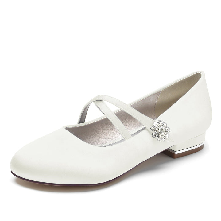 Chaussures de Mariage pour Femmes en Satin de Soie Strass Bout Fermé Bas Boucle Mary Jane Chaussures de Mariée