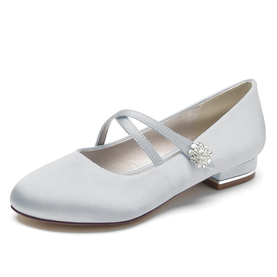 Chaussures de Mariage pour Femmes en Satin de Soie Strass Bout Fermé Bas Boucle Mary Jane Chaussures de Mariée