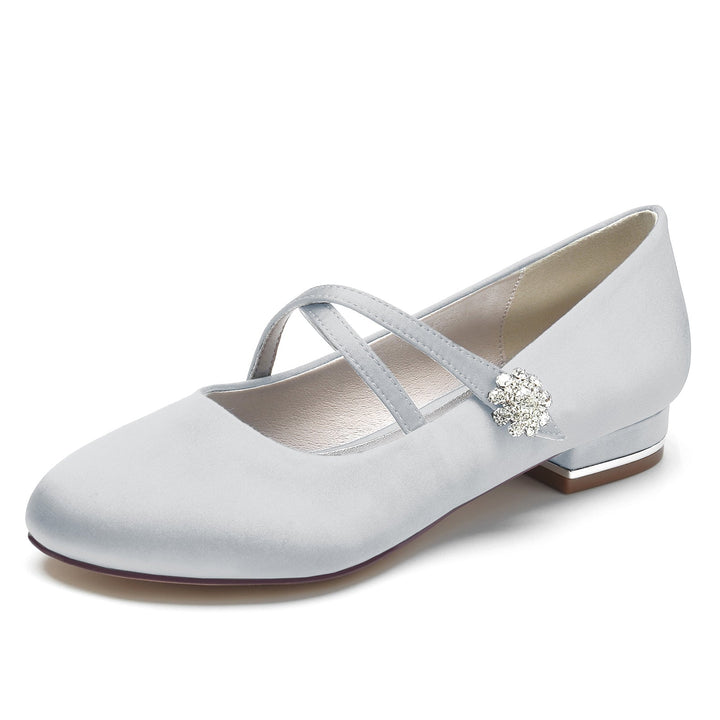 Chaussures de Mariage pour Femmes en Satin de Soie Strass Bout Fermé Bas Boucle Mary Jane Chaussures de Mariée