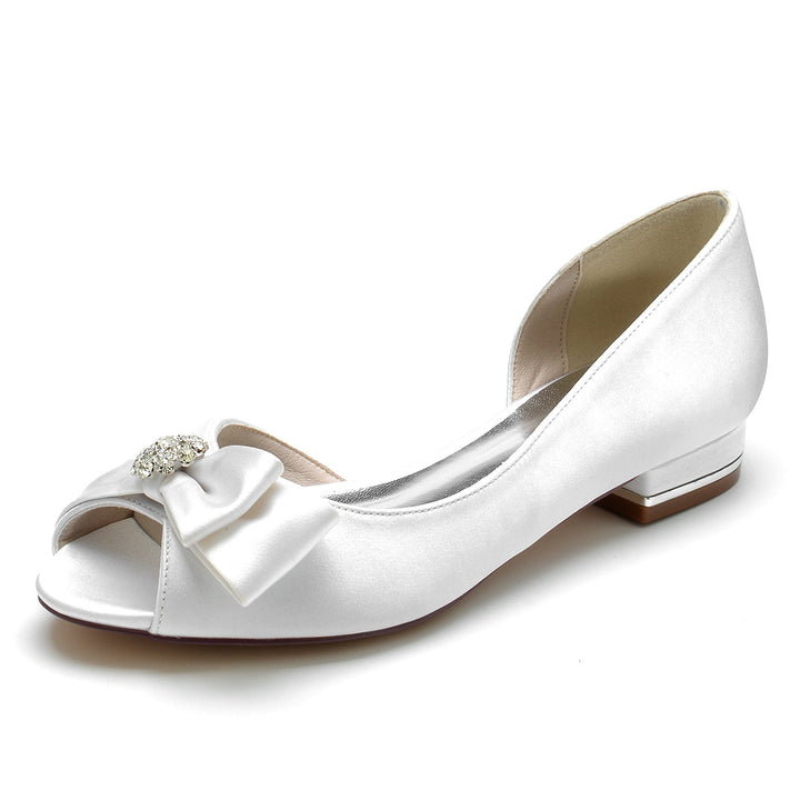 Chaussures de Mariage pour Femmes, Chaussures de Mariée à Bout Ouvert avec Strass et Nœud en Satin de Soie