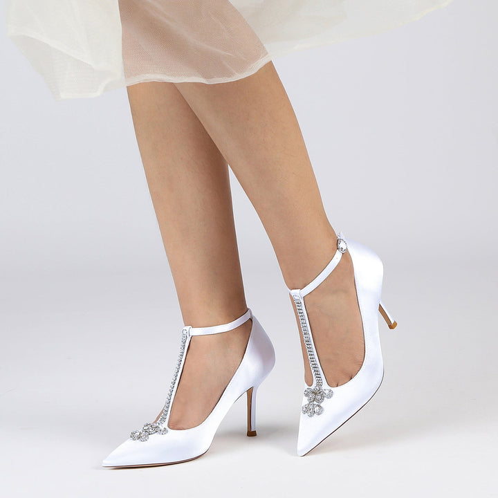 Chaussures de Mariage pour Femmes, Chaussures de Mariée à Talon Aiguille et à Bout Pointu avec Boucle et Strass