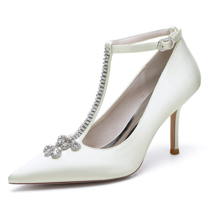 Chaussures de Mariage pour Femmes, Chaussures de Mariée à Talon Aiguille et à Bout Pointu avec Boucle et Strass