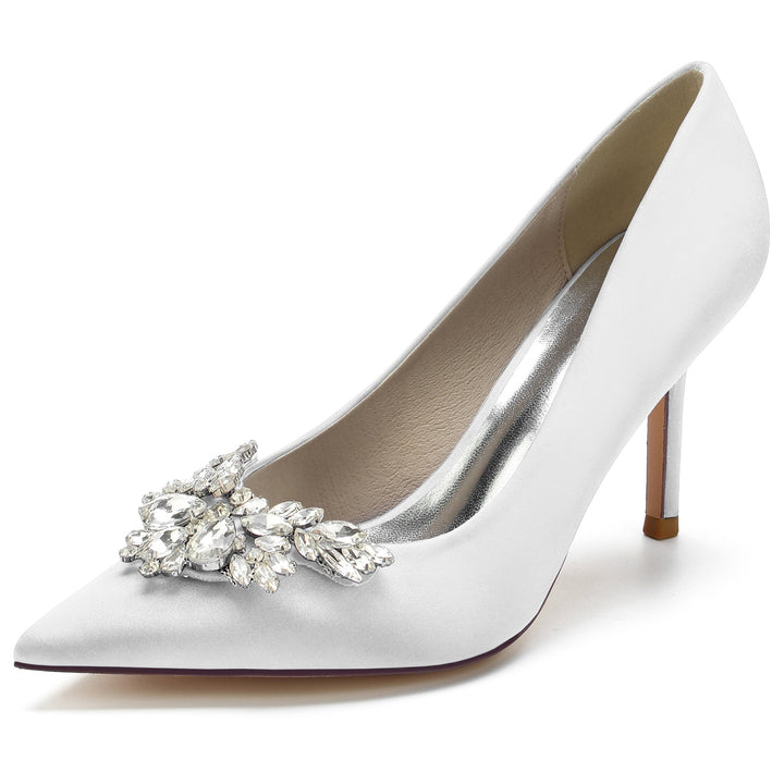 Chaussures de Mariage pour Femmes en Satin de Soie et Cristal, Chaussures de Mariée à Bout Pointu et à Talon Aiguille