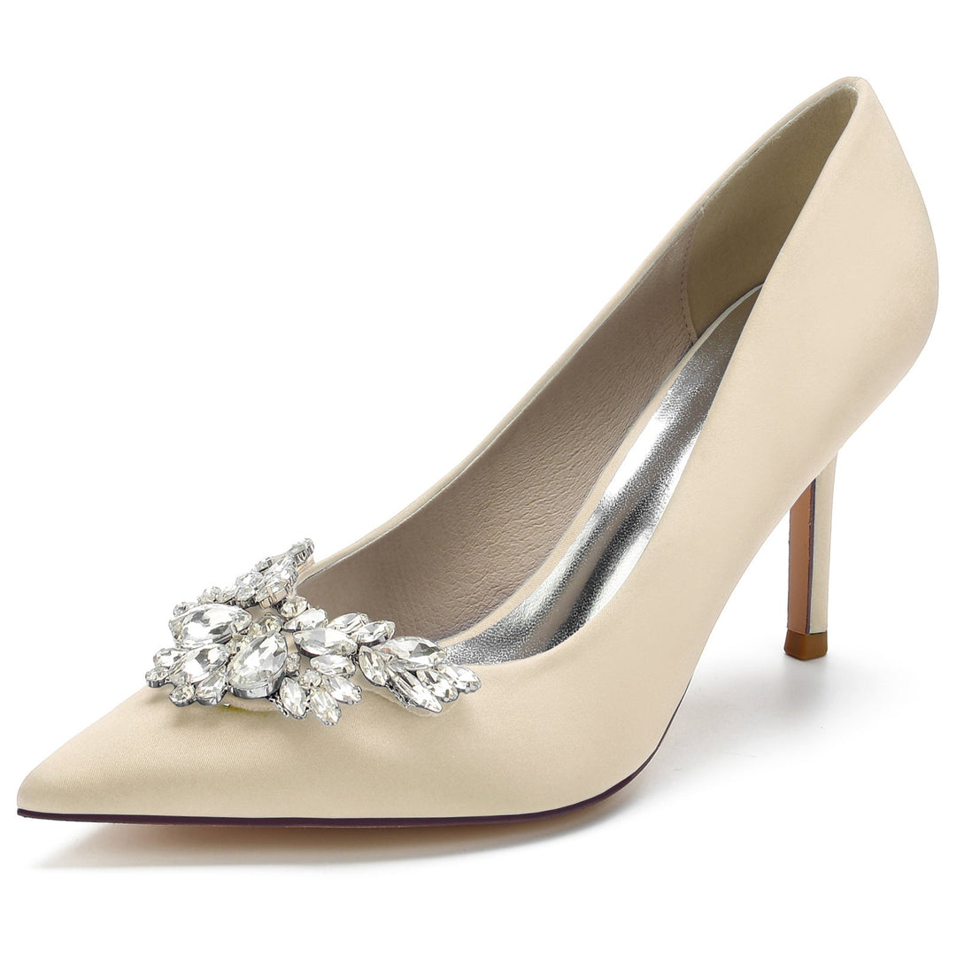 Chaussures de Mariage pour Femmes en Satin de Soie et Cristal, Chaussures de Mariée à Bout Pointu et à Talon Aiguille