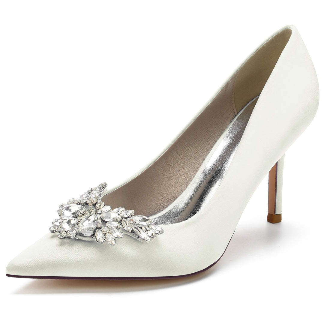 Chaussures de Mariage pour Femmes en Satin de Soie et Cristal, Chaussures de Mariée à Bout Pointu et à Talon Aiguille
