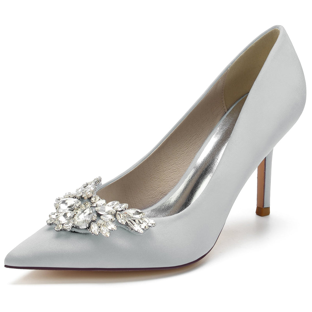 Chaussures de Mariage pour Femmes en Satin de Soie et Cristal, Chaussures de Mariée à Bout Pointu et à Talon Aiguille