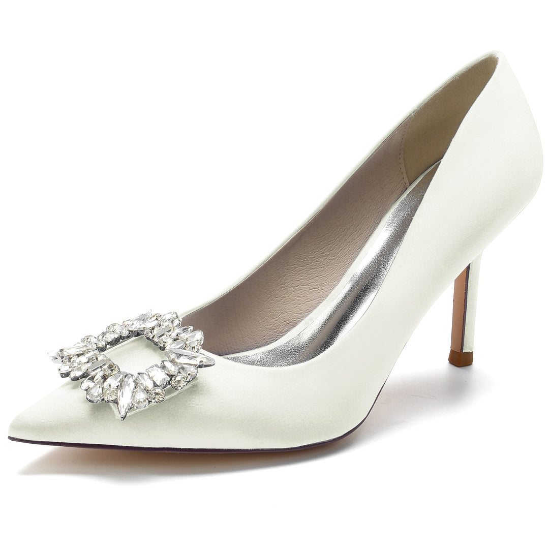 Chaussures de Mariage pour Femmes Chaussures de Mariée à Bout Pointu et Talon Aiguille avec Strass Carrés