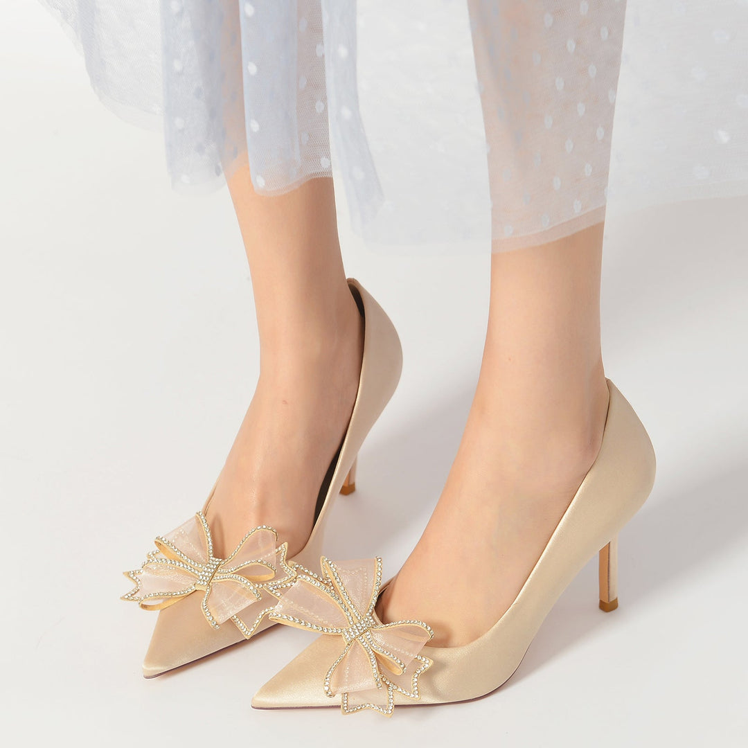 Chaussures de Mariage pour Femmes en Satin de Soie, Nœud, Talon Aiguille, Bout Pointu, Chaussures de Mariée Minimalistes