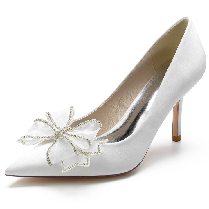 Chaussures de Mariage pour Femmes en Satin de Soie, Nœud, Talon Aiguille, Bout Pointu, Chaussures de Mariée Minimalistes