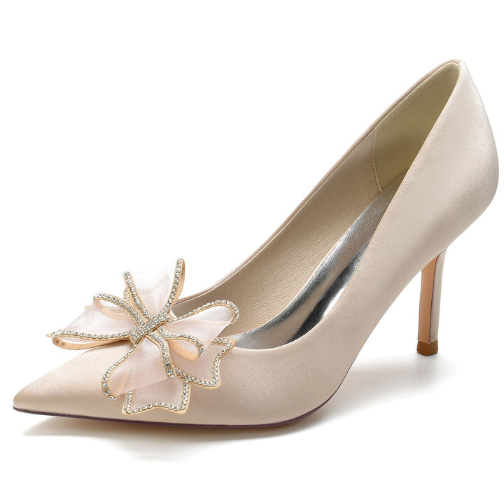 Chaussures de Mariage pour Femmes en Satin de Soie, Nœud, Talon Aiguille, Bout Pointu, Chaussures de Mariée Minimalistes