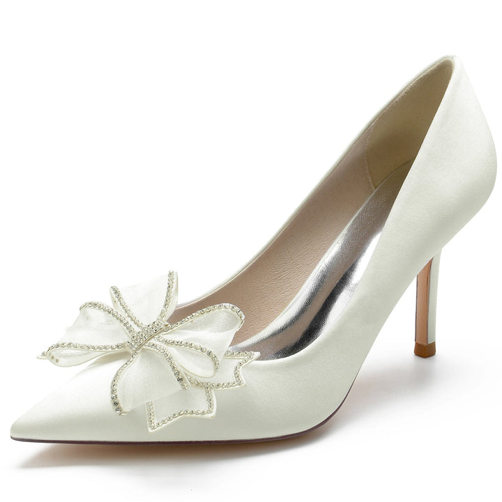 Chaussures de Mariage pour Femmes en Satin de Soie, Nœud, Talon Aiguille, Bout Pointu, Chaussures de Mariée Minimalistes